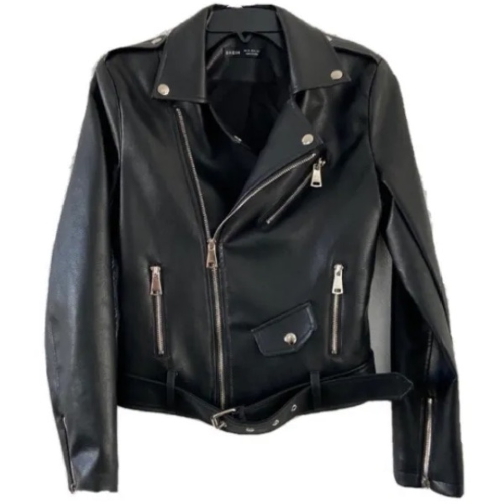 SHEIN faux black leather biker jacket with zippers and snaps